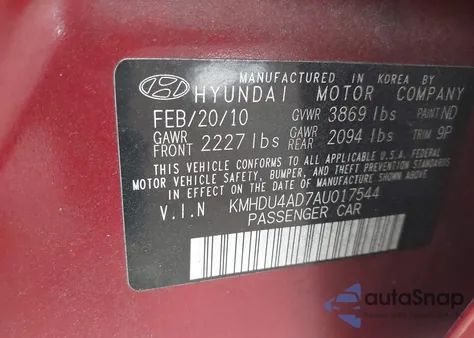2010 Hyundai Elantra Se z USA, uszkodzony, nr VIN KMHDU4AD7AU017544